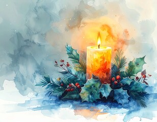 watercolor christmas candle holly pine berries