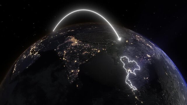 Realistic 3D Earth Night Flight Path Arc from Manchester United Kingdom to Bangkok Thailand
