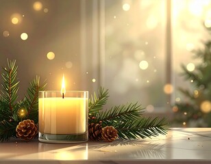cozy christmas candle with pine and bokeh lights