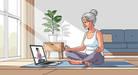 Serene senior woman practices yoga meditation online learning from virtual instructor, embracing digital wellness at home