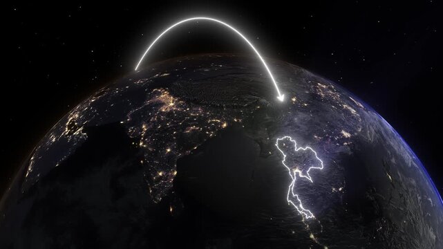 Realistic 3D Earth Night Flight Path Arc from Oslo Norway to Bangkok Thailand