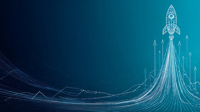 Digital growth arrows up and abstract rocket launch on dark blue technology background. Glowing connected dots and lines. Boosting and Rapid growth concepts. Low poly wireframe vector illustration. - Powered by Adobe