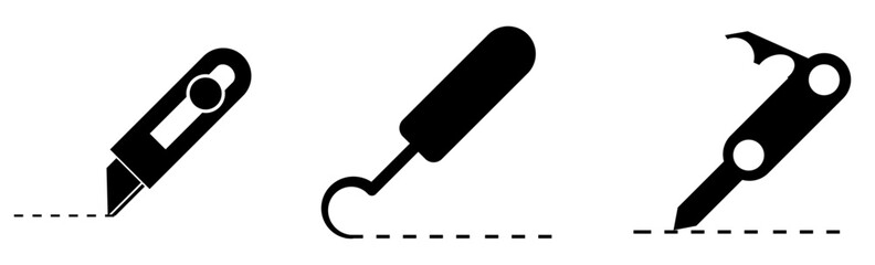 Utility knife, hook knife, and multi-tool knife icon set. Vector symbols of cutting, trimming, and craft tools used for industrial, DIY, packaging, and workshop purposes. Flat black silhouette design.