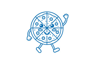 Cute pizza character with pepperoni smiling, walking, and waving its hand cheerfully on white