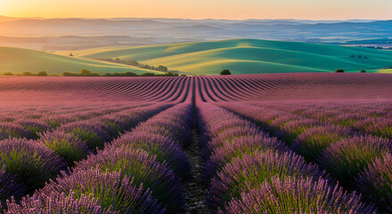 Lavender Fields at Dusk: Symmetrical Rows, Rolling Hills, and Sunset Horizon

