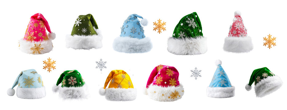 Beautiful New Year's Santa hat with snowflakes isolated on transparent background