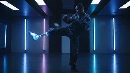 Amputee athlete performing a dynamic kick in a futuristic neon lit studio - Powered by Adobe