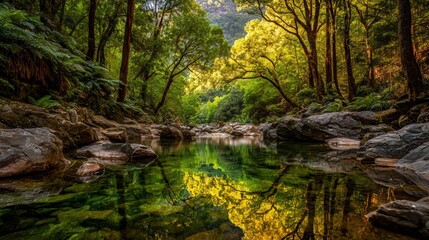 Obraz premium A serene landscape featuring a calm river surrounded by lush greenery and rocky formations, reflecting the vibrant colors of the trees.