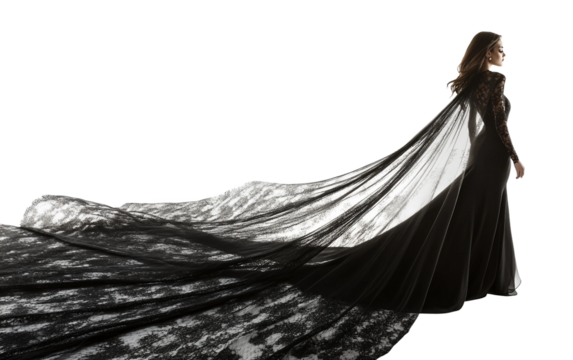 Glamorous portrait highlighting couture fashion and fluid motion through stunning movement and refined poise isolated on white background PNG - Powered by Adobe