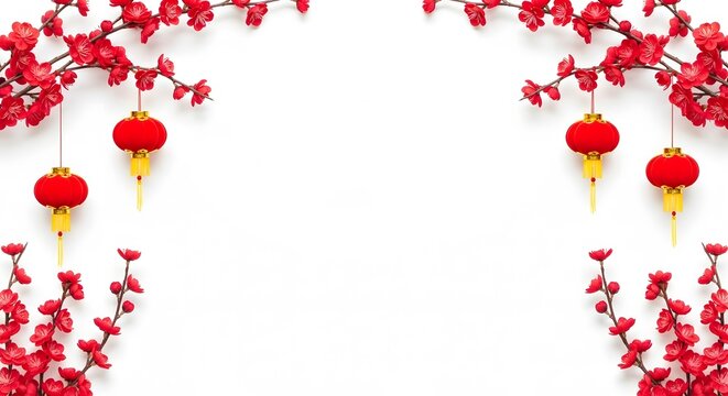 Red lantern and plum blossom branch isolated on white background