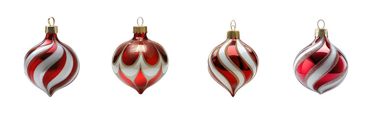 Four red and white striped onionshaped christmas ornaments isolated on transparent background