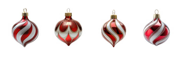 Four red and white striped onionshaped christmas ornaments isolated on transparent background