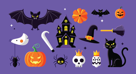 Halloween Elements Collection: Vector Illustration on Purple Background, Spooky Designs