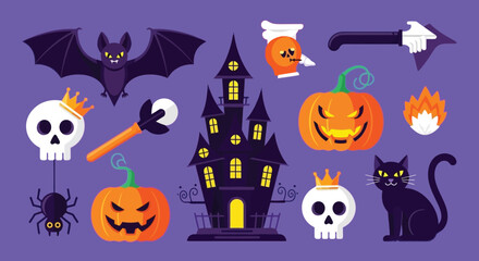 Spooky Halloween elements illustration: bat, haunted house, pumpkin, skulls, cat on a purple