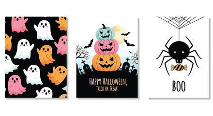 Set of Halloween cards with cute ghosts, jack-o'-lanterns, and a spider web illustration for spooky