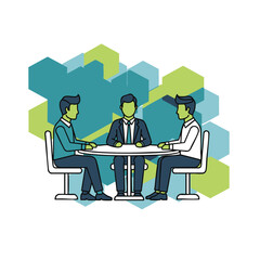 Vector illustration of a corporate team meeting with three businessmen in suits sitting around a table having a discussion
