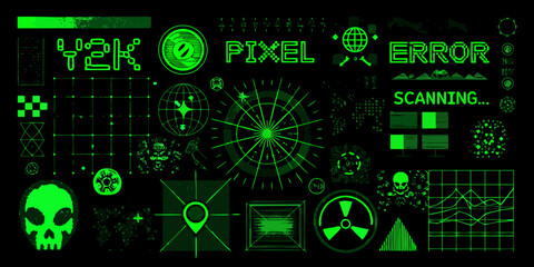 Digital glitchy neon green futuristic interface elements and cyberpunk icons on black background