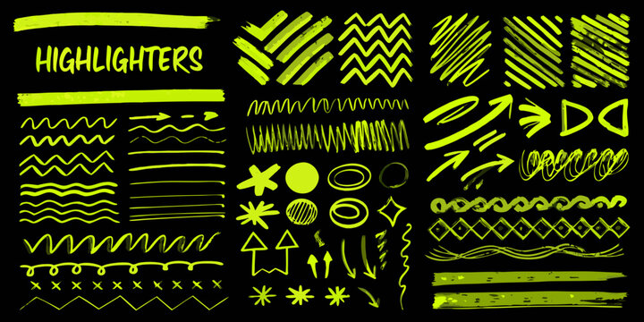Collection of hand drawn neon yellow highlighter marks and symbols on a black background