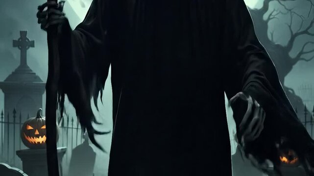Grim Reaper figure walking through a haunted cemetery. Halloween themed scene with jack-o'-lanterns and bare trees under a full moon. Stable camera with slight tilt down.