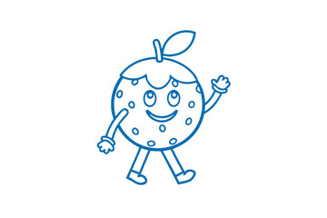 Walking orange cartoon character is smiling and waving on a white backdrop