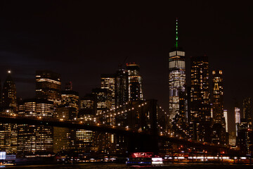 Fototapeta premium Skyline de la ciudad de Nueva York desde Brooklyn una noche otoñal. Brooklyn Bridge y Lower Manhattan iluminados desde el césped de Main Street Park. NYC, USA. 2019.