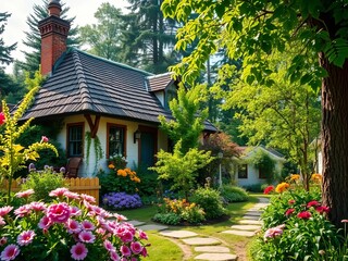 Obraz premium Charming cottage surrounded by lush greenery and blooming flowers, home, flowers