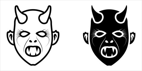 Devil icon set. A set of minimalist illustrations featuring a devil's face with horns. Perfect for Halloween designs, spooky themes, or dark fantasy projects.