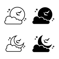 Night icon set. A collection of minimalist icons featuring a moon, bats, clouds, and stars. Perfect for spooky Halloween designs, whimsical illustrations, or celestial themed projects.