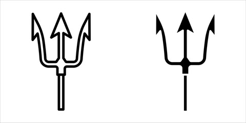 Pitchfork icon set. A minimalist illustration of a trident symbol with two distinct line art styles, perfect for representing classical mythology, Neptune, or Poseidon themes.