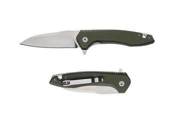 Two green handle folding knives: one open, one closed, isolated on a white back
