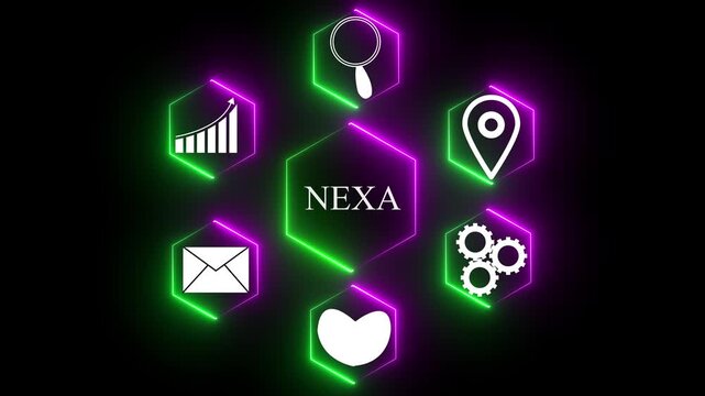 Hexagonal Network of Business Icons with Central NEXA Logo and Neon Glow technology connection