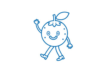 Whimsical citrus fruit character confidently walks and happily waves with a cheerful smile in blue
