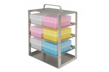 Stainless steel rack holding colorful laboratory storage boxes