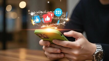 Person holding a smartphone with social media icons like like, comment, and profile floating above the screen - Powered by Adobe