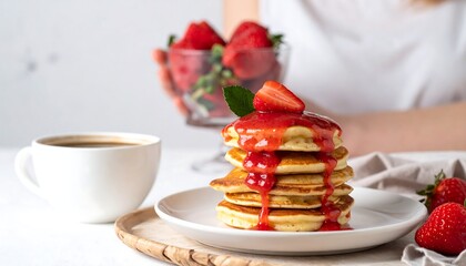 Stacked pancakes with strawberry topping, coffee, and fresh berries