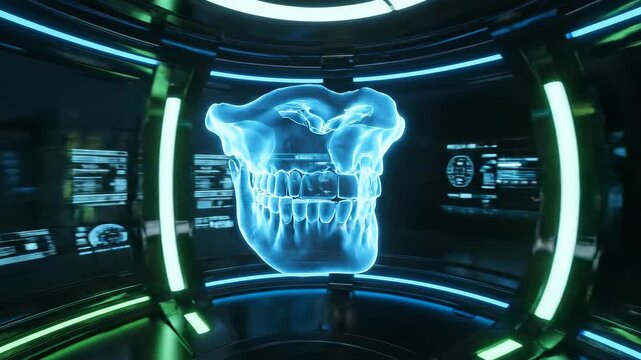 Futuristic holographic display of a human jawbone and dental anatomy in a modern medical technology laboratory - Powered by Adobe