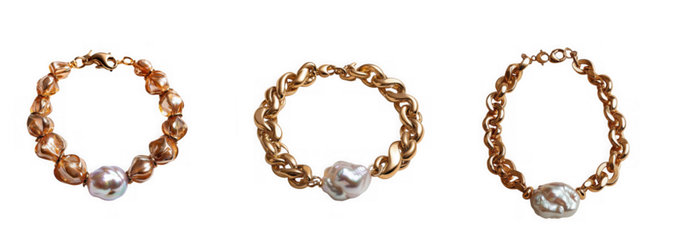 Three gold chain bracelets with pearl and crystal beads isolated on transparent background - Powered by Adobe