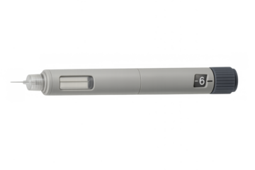 Insulin pen delivering medication for diabetes treatment, transparent background