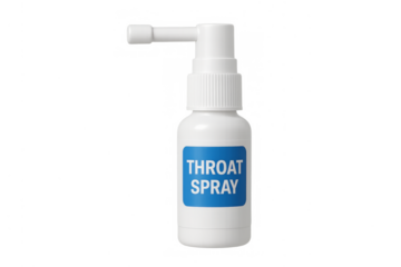 White throat spray bottle with blue label, transparent background