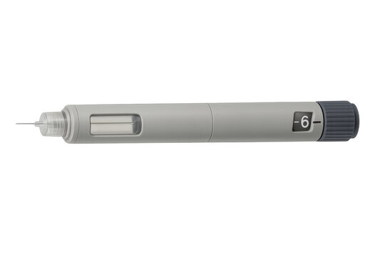 Insulin pen delivering medication for diabetes treatment, transparent background