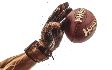 Pair of football gloves gripping the ball mid catch capturing power precision and athletic determination isolated on white background PNG