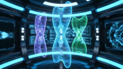 Futuristic laboratory displays glowing holographic DNA strands in vibrant colors