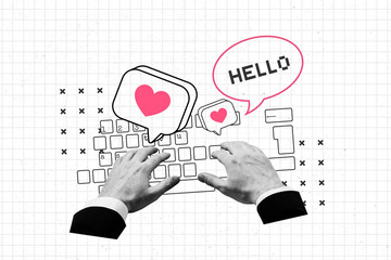 Full 3d art pop image collage of human hands type keypad heart icon hello bubble social media influencer notification speech