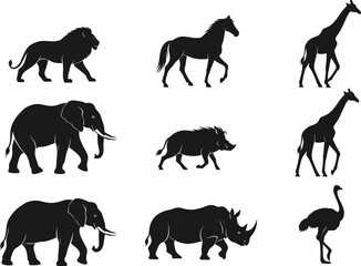Animal silhouette vector set, wild and domestic creatures, black and white wildlife icons, lion, elephant, horse, giraffe, rhino, ostrich