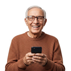 Smiling elderly man with glasses wearing a textured sweater holding a smartphone isolated on transparent background