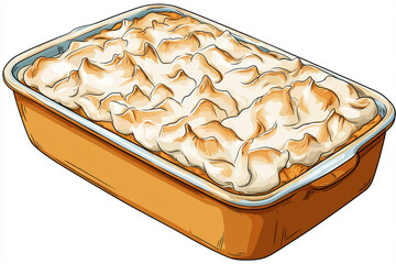 Cartoon sweet potato casserole with toasted marshmallow layer, rectangular pan, warm palette, thick outline, isolated on white, no text, no logos