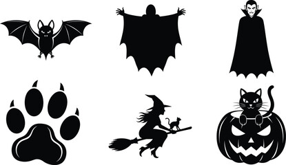 Halloween silhouette vector set, spooky black illustrations, vampire, witch, bat, ghost, cat, pumpkin, paw print, horror clipart, festive design