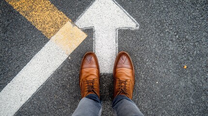 Stylish brown shoes on a road marking pointing straight ahead in a modern urban setting