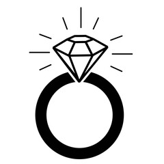 Simple Black Outline Vector Icon of a Diamond Engagement Ring, Symbolizing Marriage, Wedding, and Love