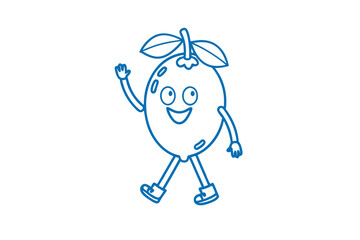 Happy citrus cartoon character walks with a smile, waving a friendly hello in blue
